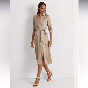 Ralph Lauren Tie-front Satin Midi Dress Lt Truffle, Size 14